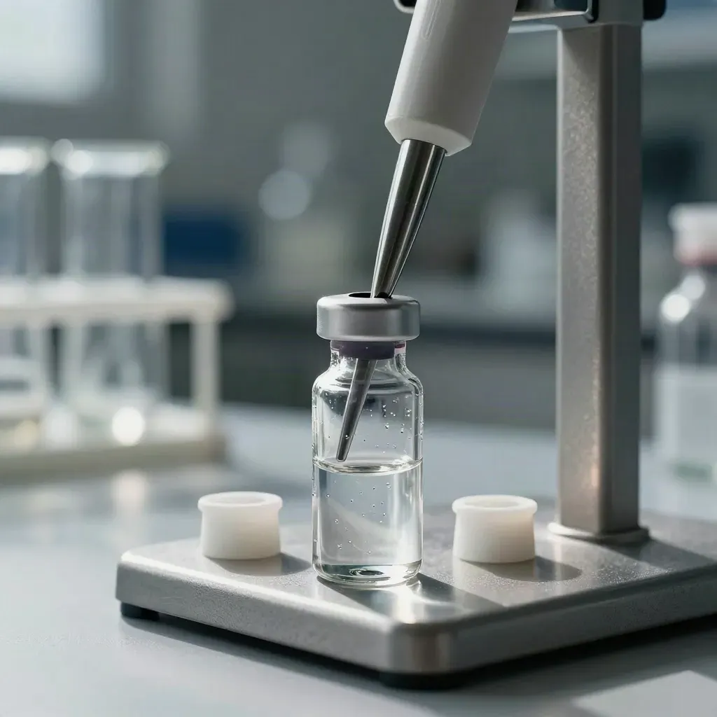 Glass vials and a pipette stand on brushed metal in a cold lab haze.