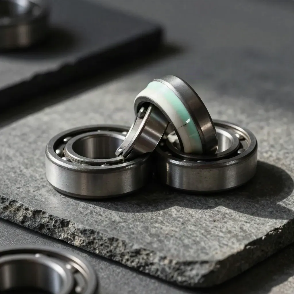 Steel bearings, ceramic spacers and graphite shims clustered on stone with a faint mint accent.