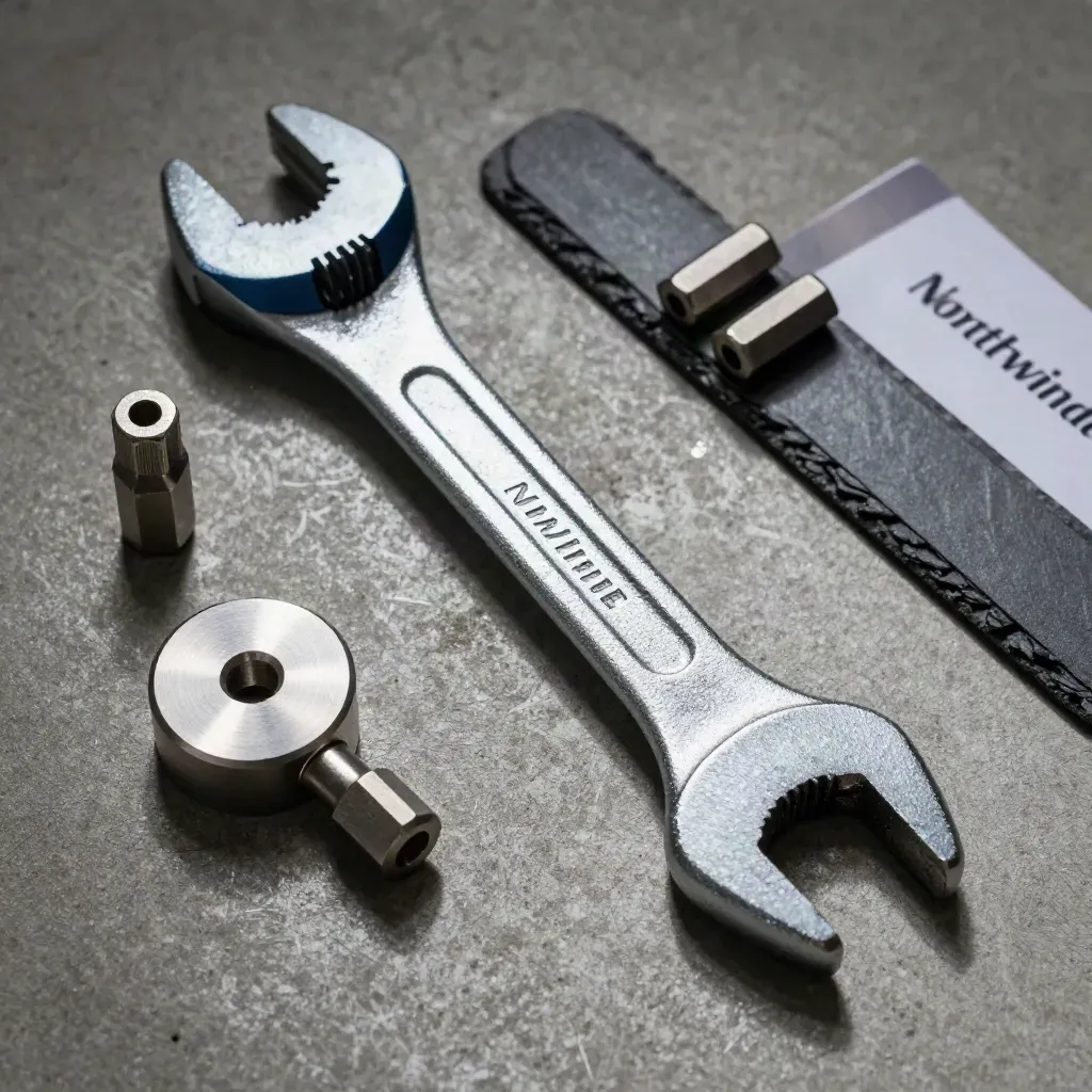 Overhead still life of torque wrench, hex bits and calibration puck on cool concrete