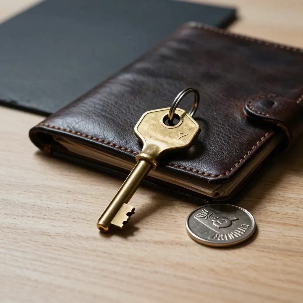 Brass keys, leather folio and metal token on pale wood in dramatic studio light