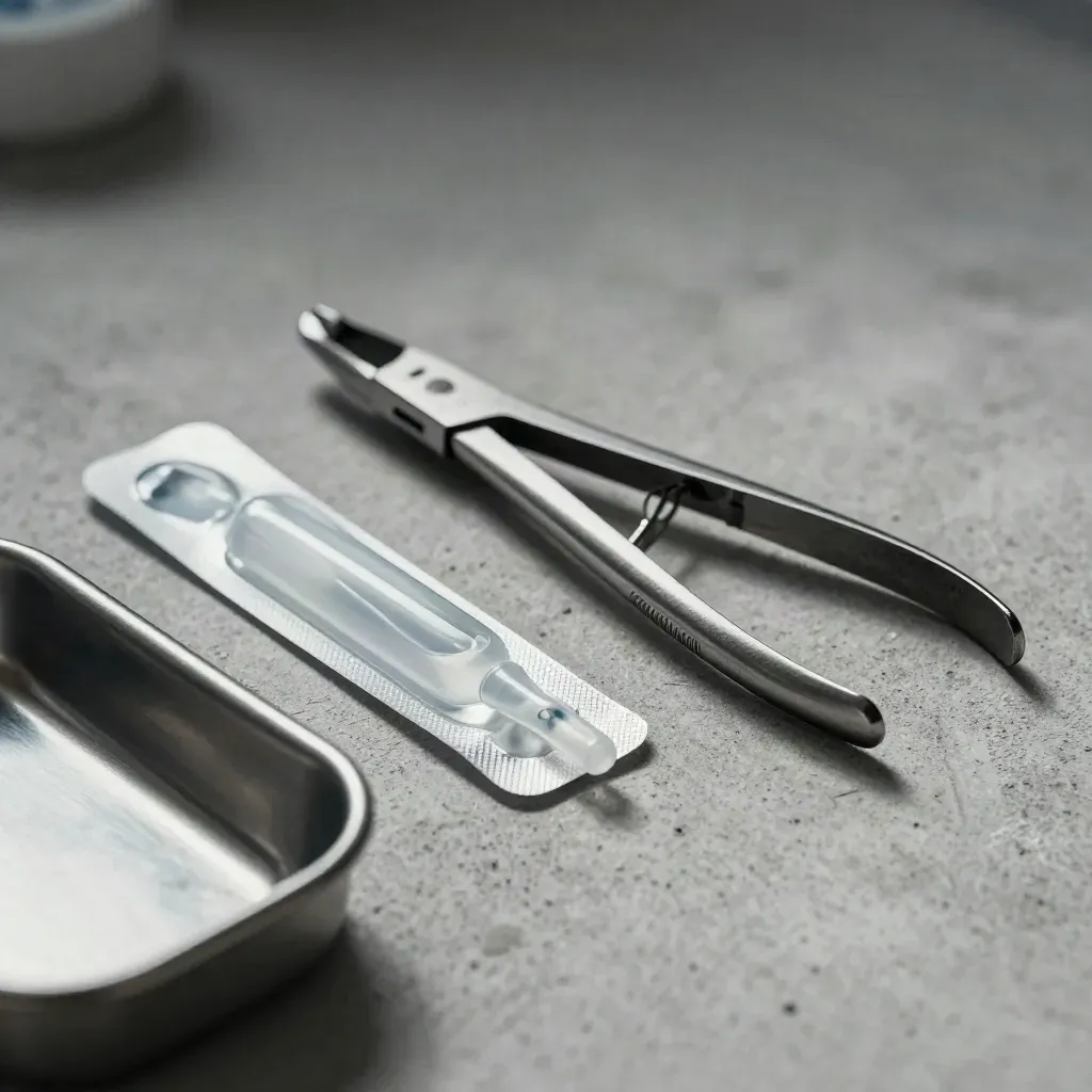 Stainless forceps, ampoule tray and metal dish on pale concrete in cool clinical light.