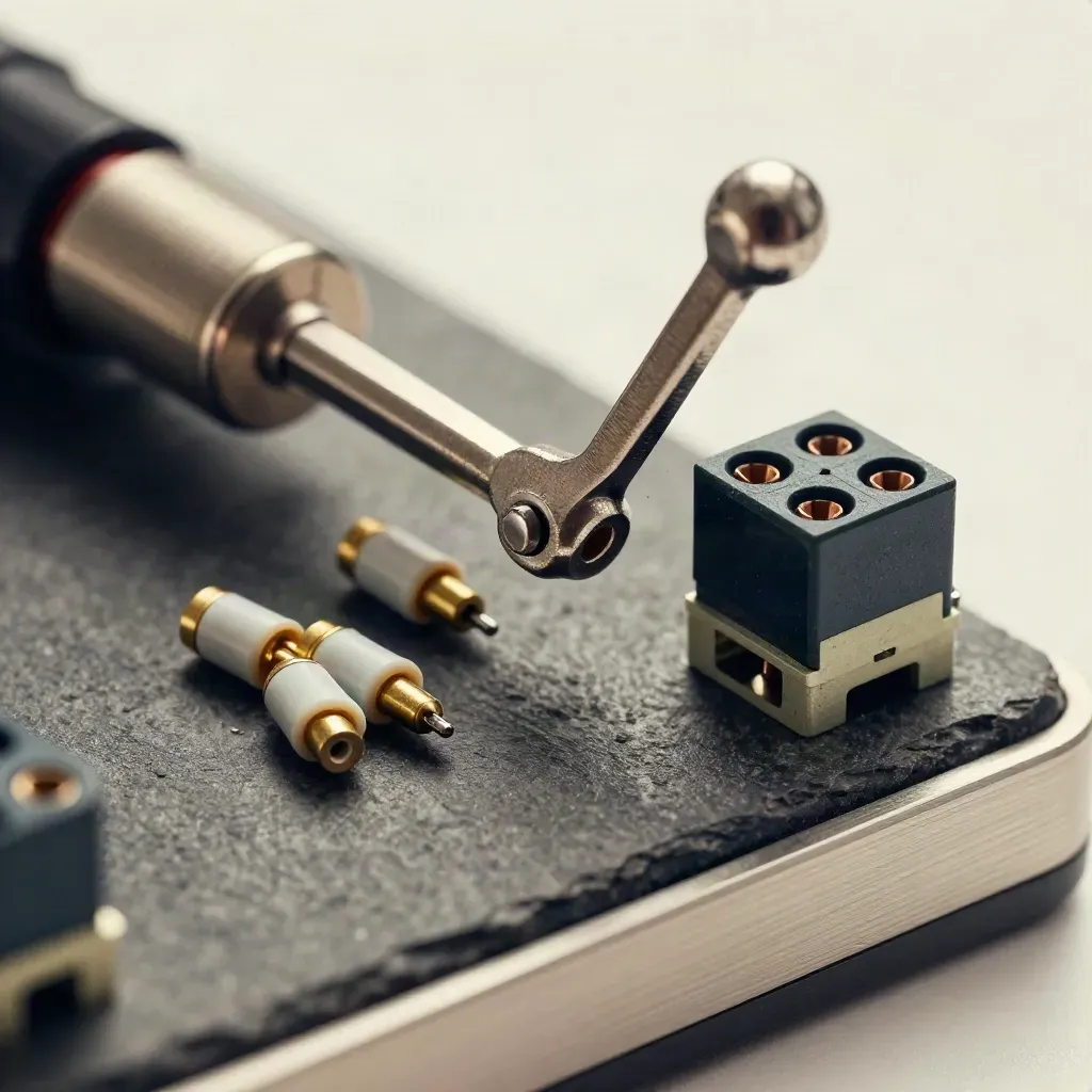 Macro of a relay switch, spare fuses, and terminal block on graphite stone.