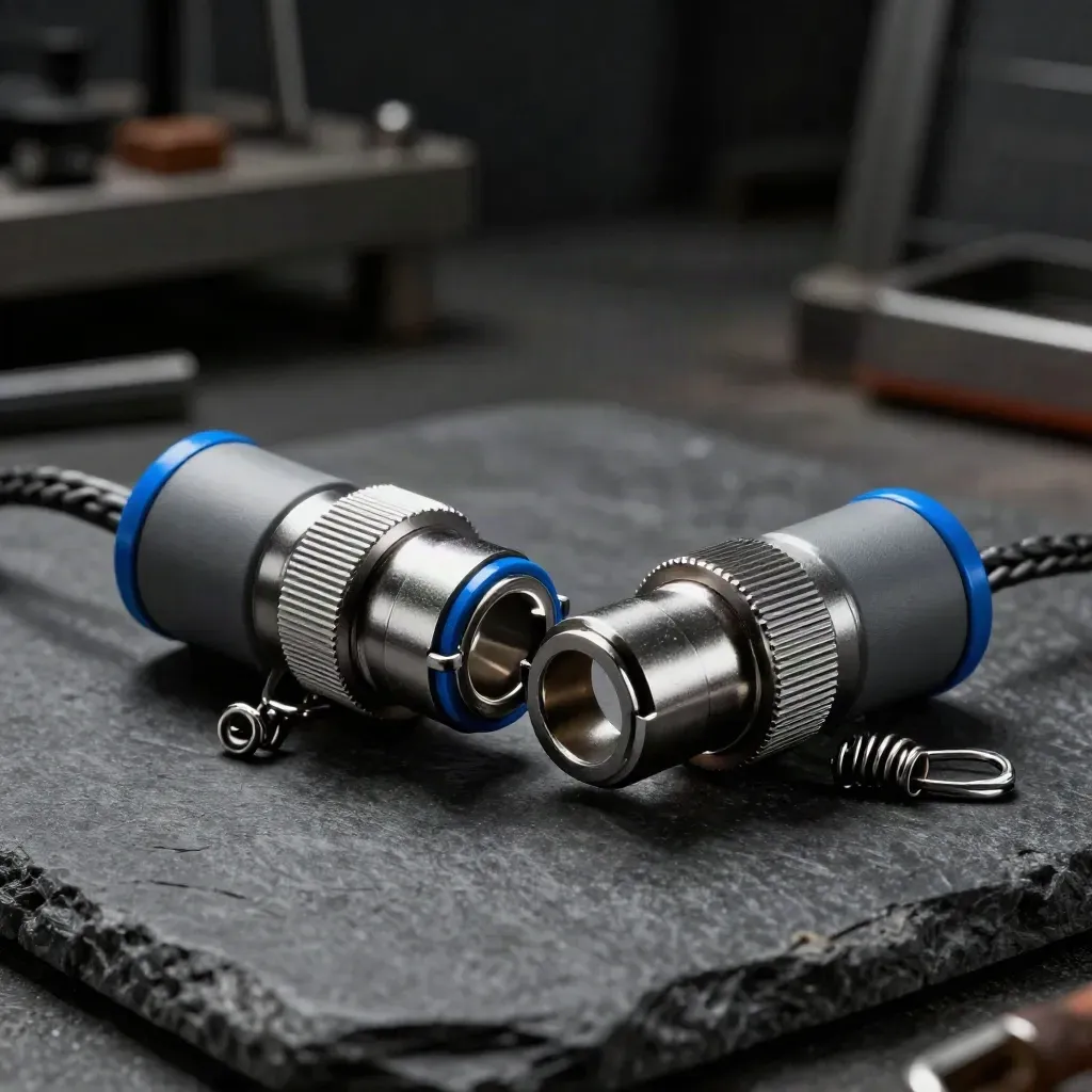 Interlocking blue-grey cable couplers on dark stone with tiny clips, in dramatic workshop light.