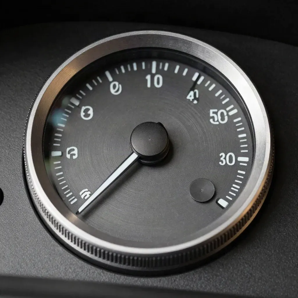 Brushed-metal gauge cluster with indicator pods and calibration disc on graphite stone.