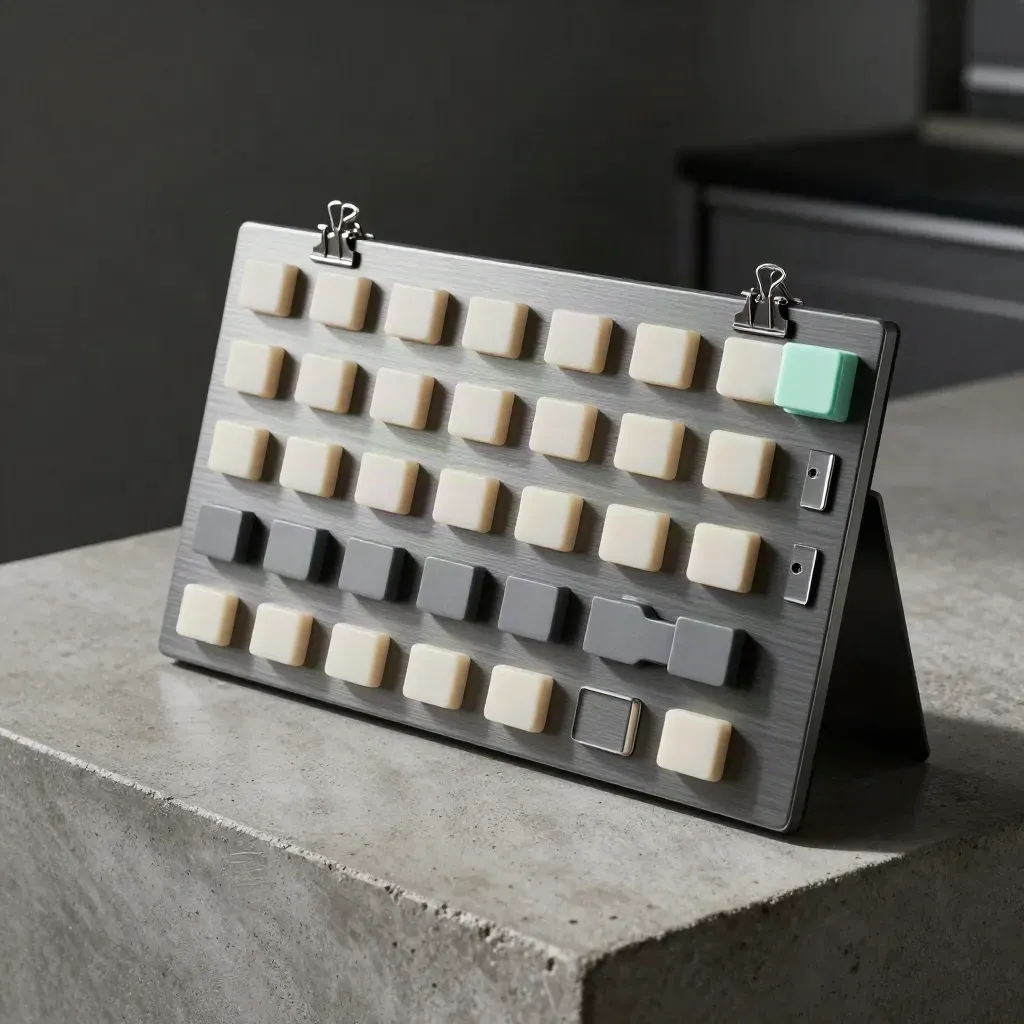Top-down task board rails, magnetic tabs, clips and spacer block on concrete.