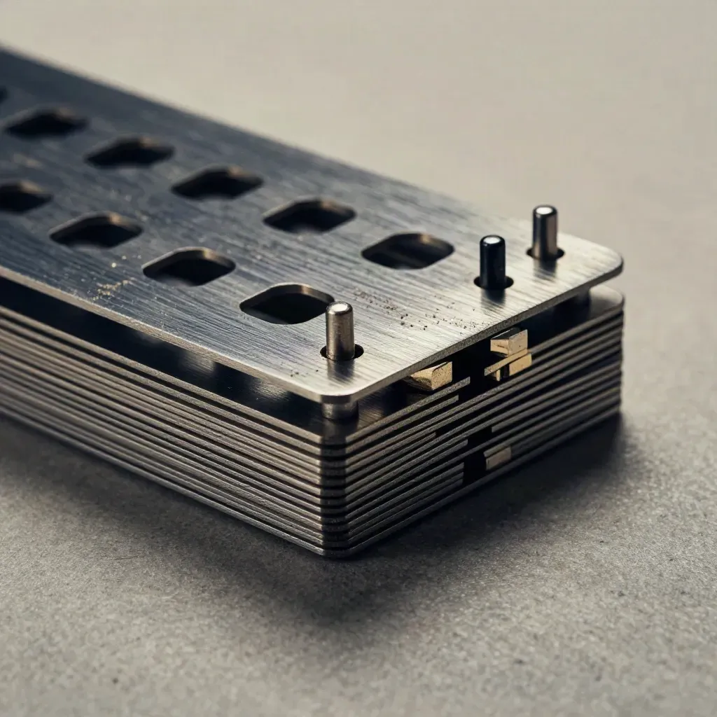 Brushed-aluminium stencil templates sliding together with alignment pegs on a stone surface.
