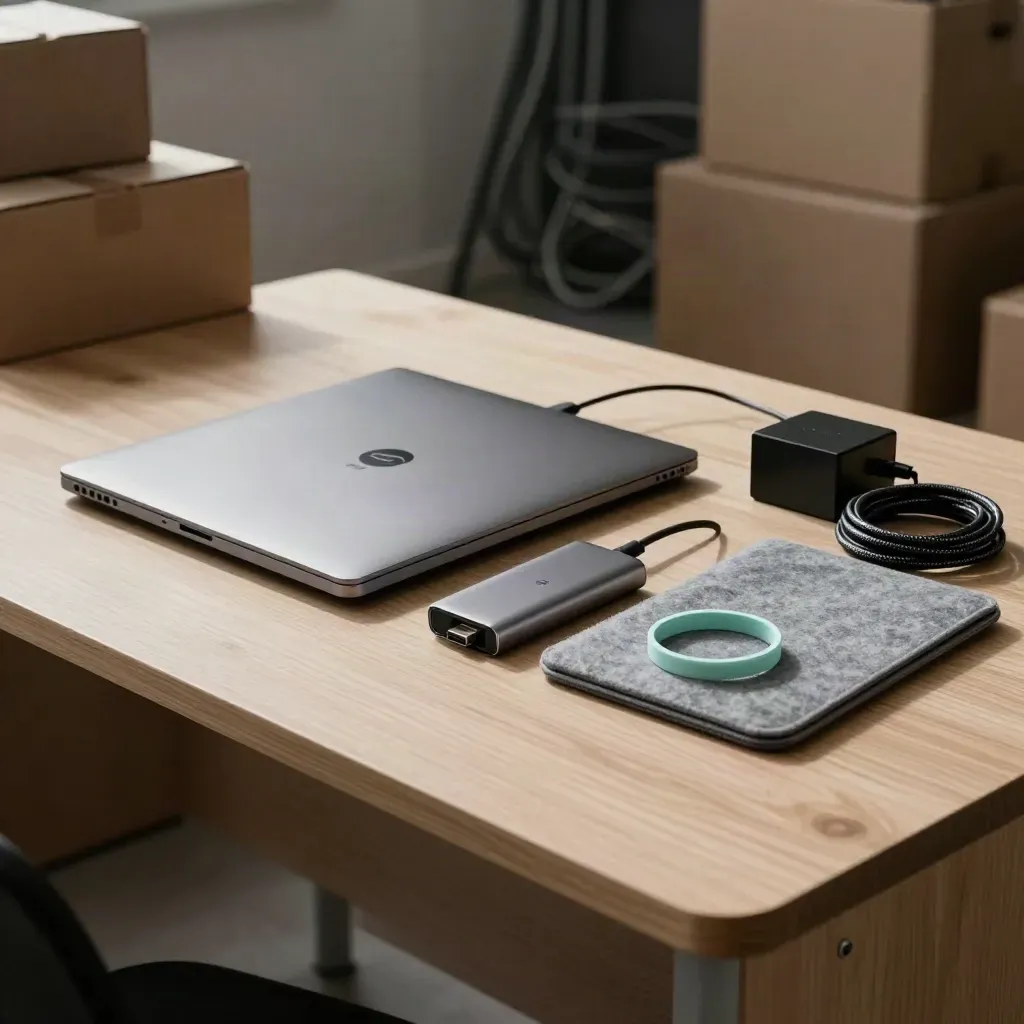 Closed ultrabook, USB hub, power brick and cable wrap on pale wood in a hazy office still life.