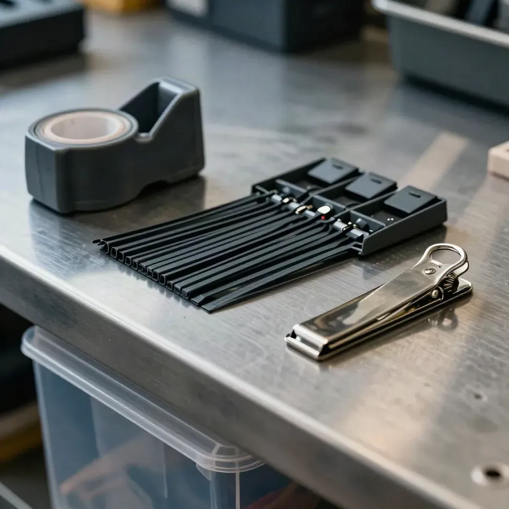 Top-down utility still life of tape dispenser, cable ties, organiser tray and metal clip on brushed steel.