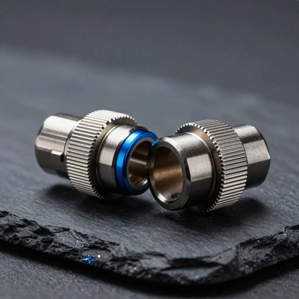 Macro of two metal connector ends and a gasket ring on dark stone.