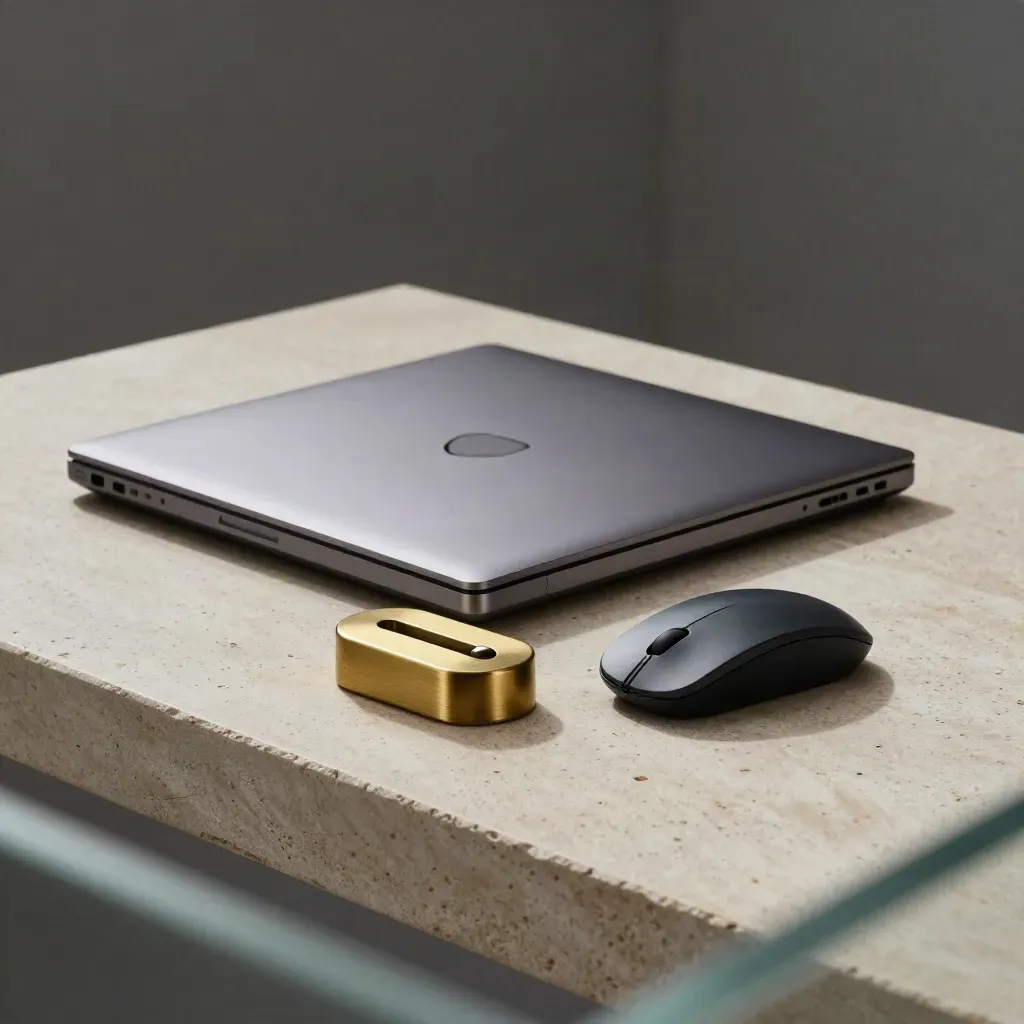 Closed laptop, charging dock, wireless mouse and brass paperweight on pale stone, shot through frosted glass