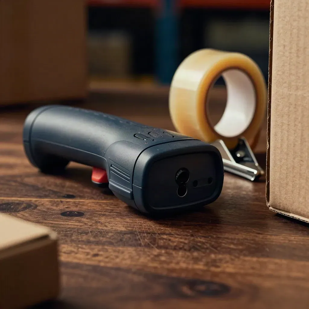 Macro still life of warehouse scanner, tape gun, and box corner on dark walnut