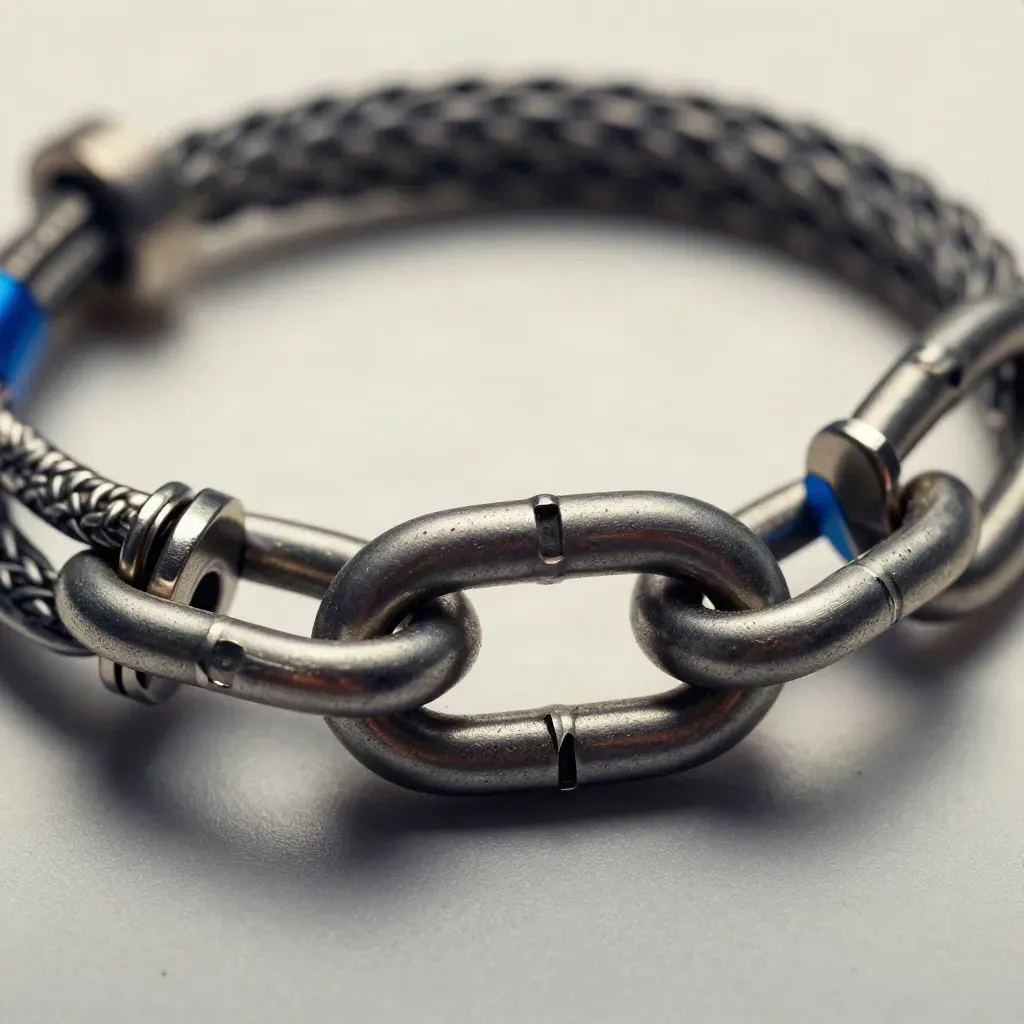 Top-down macro of linked metal rings, braided cable and precision clips on graphite.