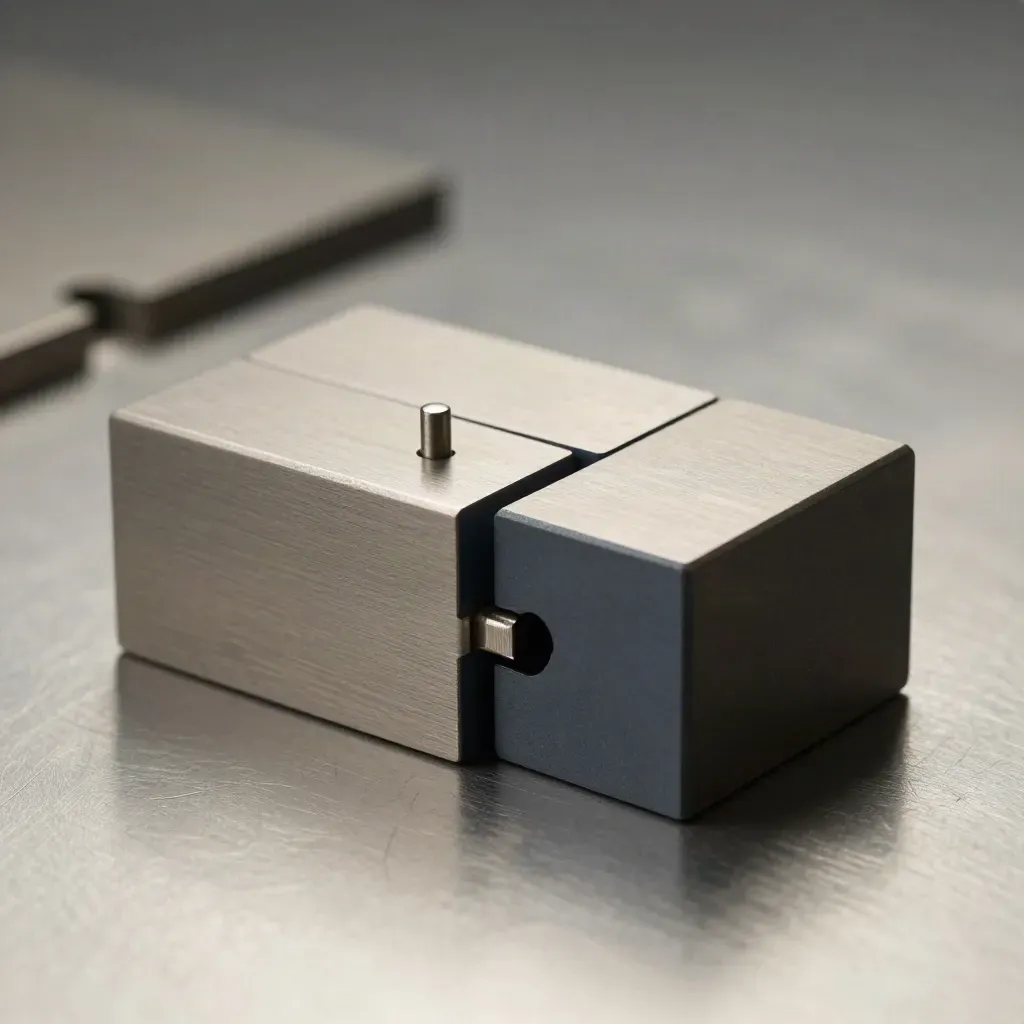 Metal modular blocks joining on a pale surface, lit dramatically with a slate navy accent.