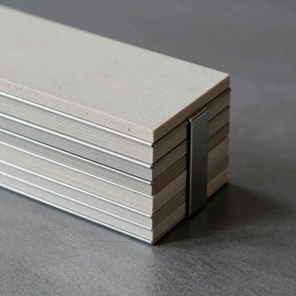 Close-up of stacked modular metal tiles clamped on brushed stone, in cool grey light.