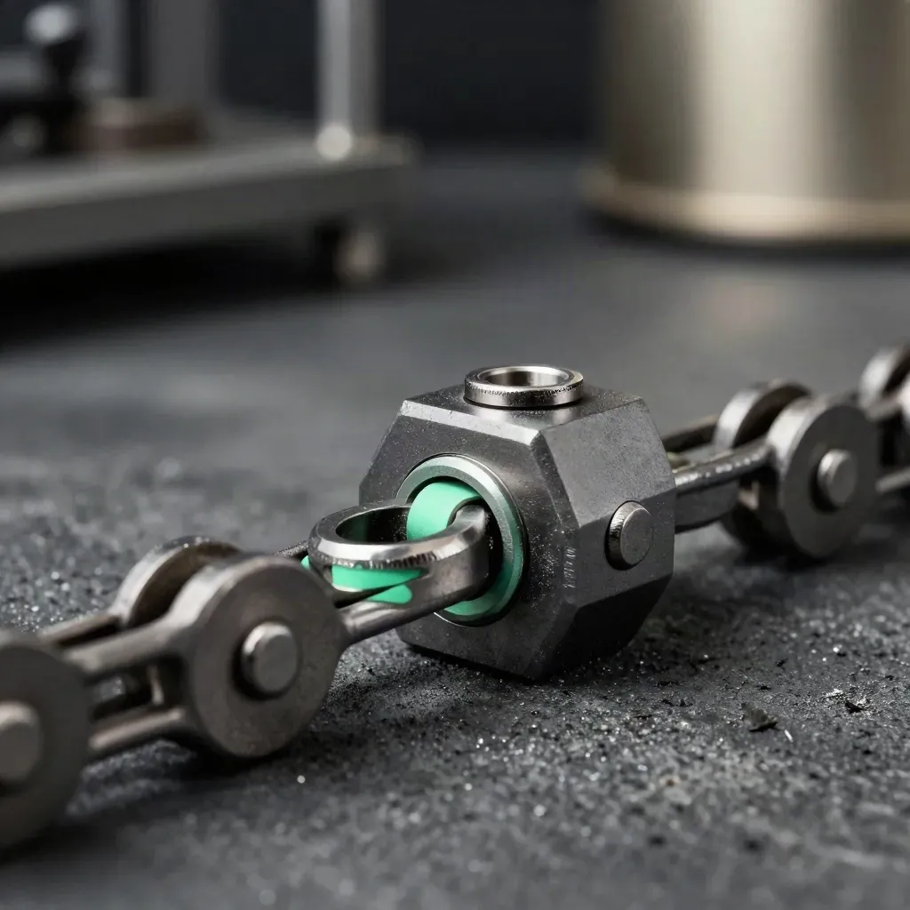 Precision gear links and a hex coupler on dark concrete, side-lit with metallic dust and mint detail.