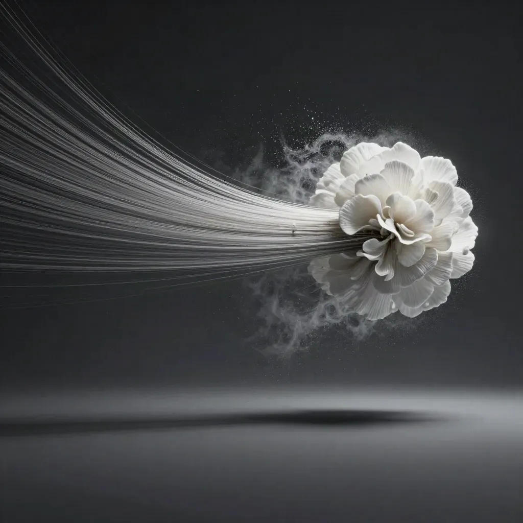 Silver filaments converge into a soft white bloom in deep graphite haze